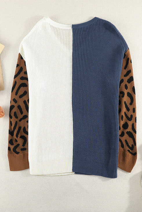 Leopard Print Contrast Color V Neck Sweater