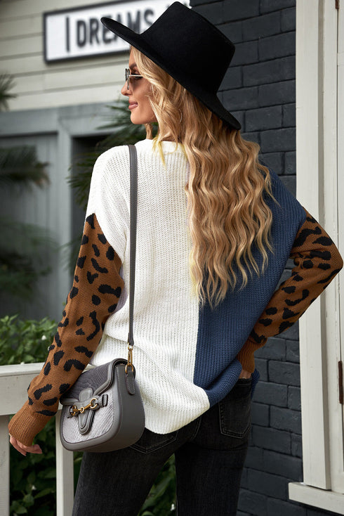 Leopard Print Contrast Color V Neck Sweater