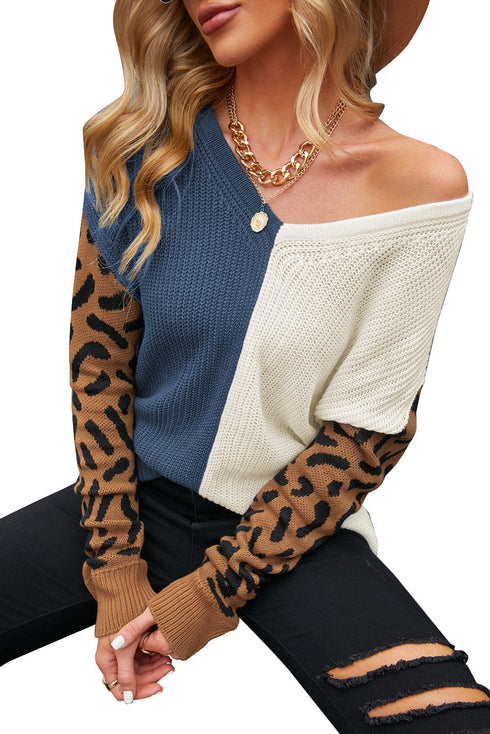 Leopard Print Contrast Color V Neck Sweater