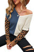 Leopard Print Contrast Color V Neck Sweater