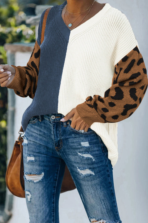 Leopard Print Contrast Color V Neck Sweater