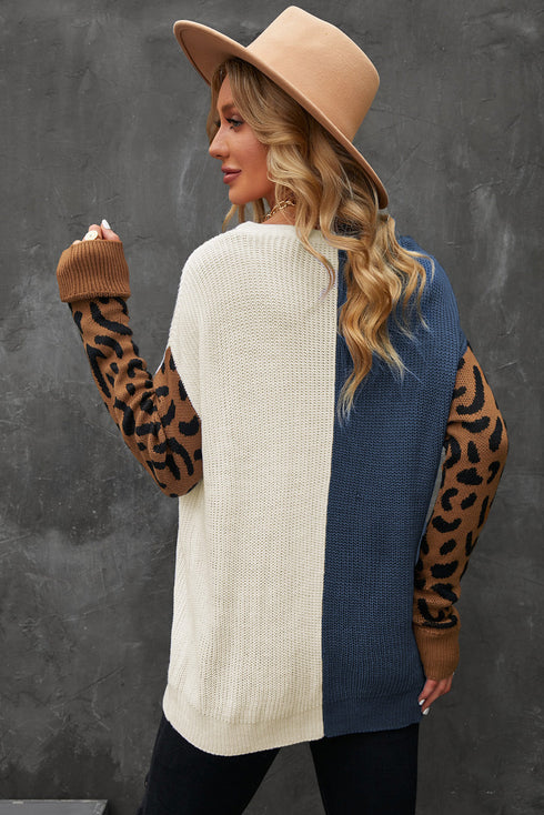 Leopard Print Contrast Color V Neck Sweater