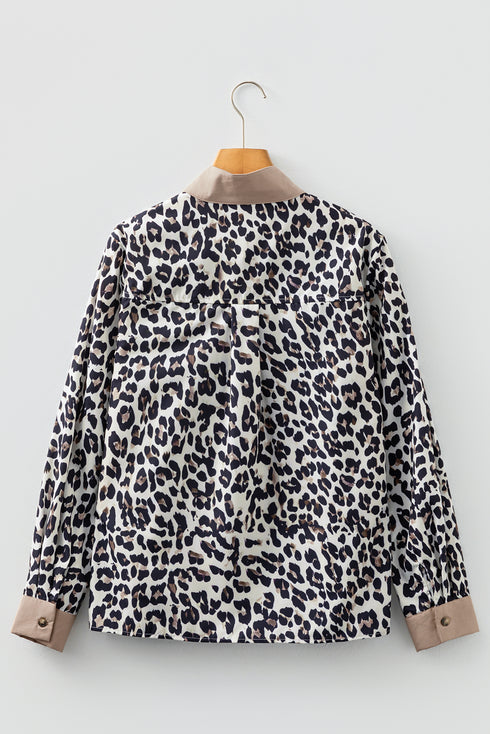 Leopard Print Contrast Cuff Button Down Woven Shirt