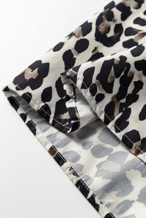 Leopard Print Contrast Cuff Button Down Woven Shirt