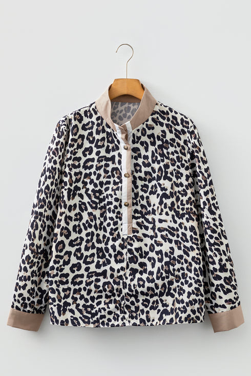 Leopard Print Contrast Cuff Button Down Woven Shirt