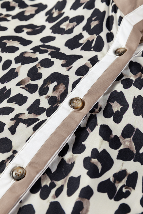 Leopard Print Contrast Cuff Button Down Woven Shirt
