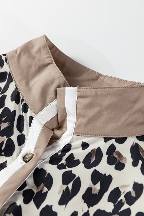 Leopard Print Contrast Cuff Button Down Woven Shirt