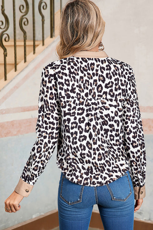 Leopard Print Contrast Cuff Button Down Woven Shirt