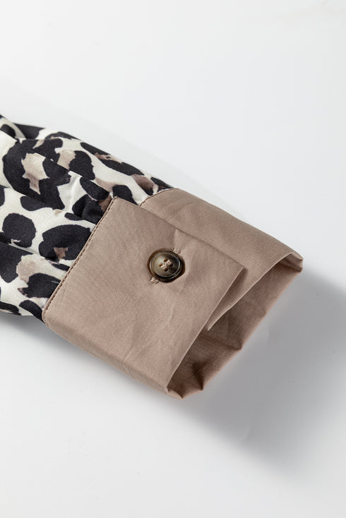 Leopard Print Contrast Cuff Button Down Woven Shirt
