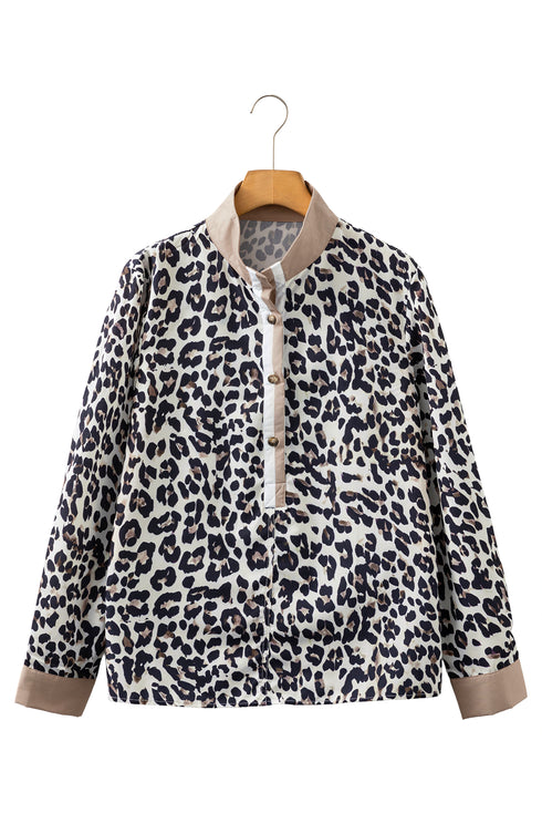 Leopard Print Contrast Cuff Button Down Woven Shirt