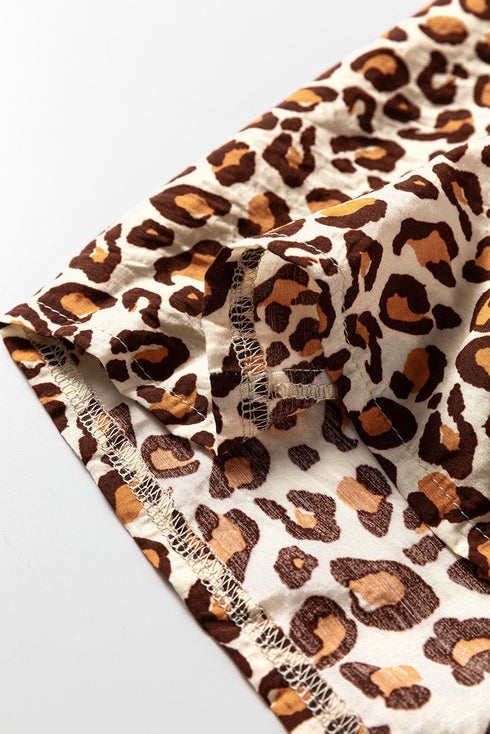 Leopard Print Contrast Placket Ruffle Trim V Neck Shirt