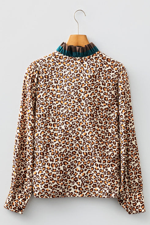 Leopard Print Contrast Placket Ruffle Trim V Neck Shirt