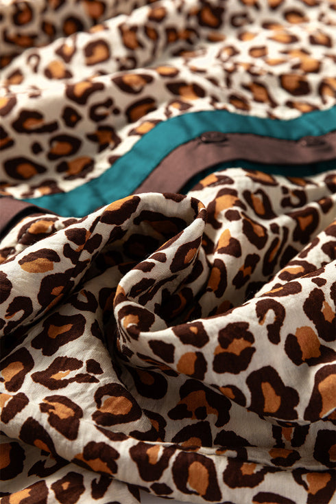 Leopard Print Contrast Placket Ruffle Trim V Neck Shirt