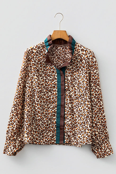 Leopard Print Contrast Placket Ruffle Trim V Neck Shirt