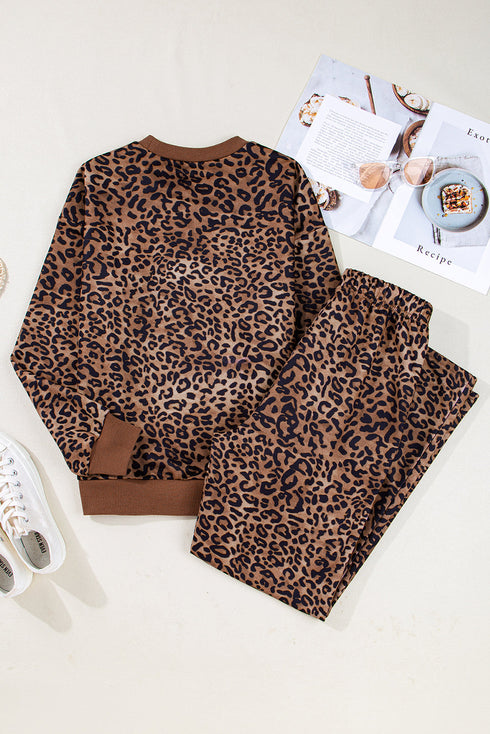 Leopard Print Contrast Rib Drop Shoulder Crewneck Pant Set