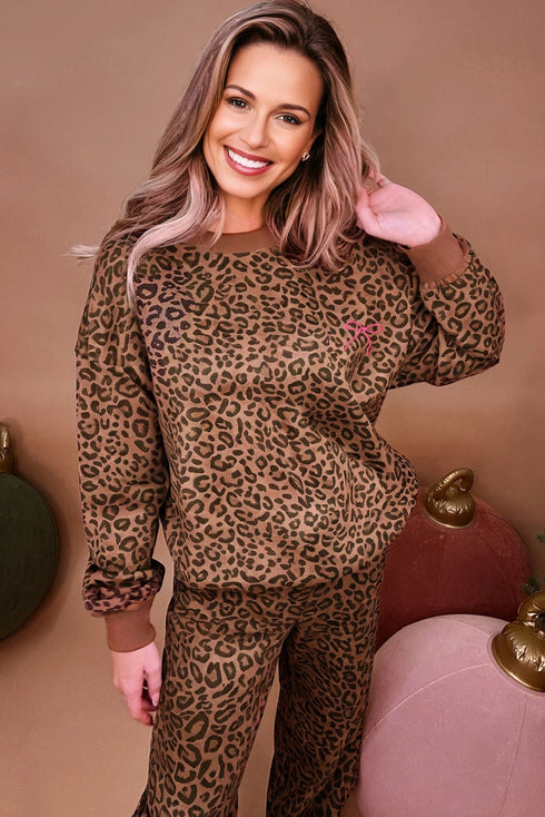 Leopard Print Contrast Rib Drop Shoulder Crewneck Pant Set