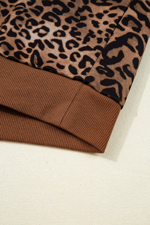Leopard Print Contrast Rib Drop Shoulder Crewneck Pant Set