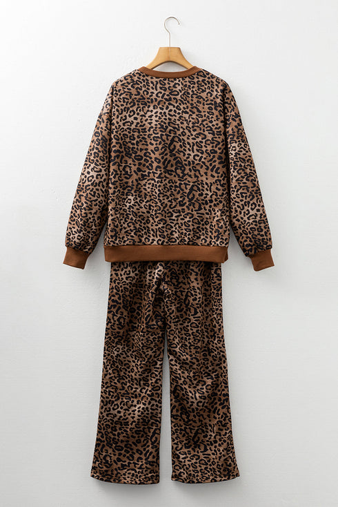 Leopard Print Contrast Rib Drop Shoulder Crewneck Pant Set