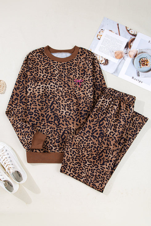Leopard Print Contrast Rib Drop Shoulder Crewneck Pant Set