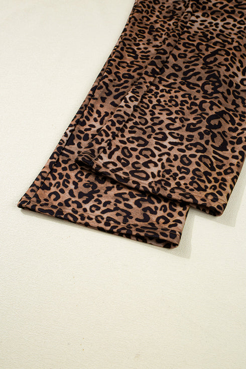 Leopard Print Contrast Rib Drop Shoulder Crewneck Pant Set