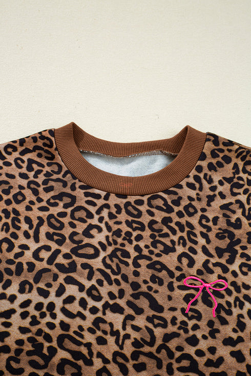Leopard Print Contrast Rib Drop Shoulder Crewneck Pant Set