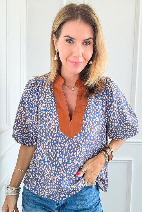 Leopard Print Contrast Ruffle Trim Puff Sleeve Blouse