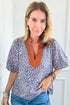 Leopard Print Contrast Ruffle Trim Puff Sleeve Blouse