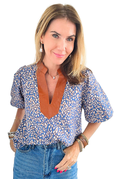 Leopard Print Contrast Ruffle Trim Puff Sleeve Blouse