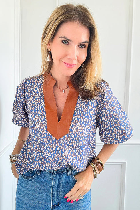 Leopard Print Contrast Ruffle Trim Puff Sleeve Blouse