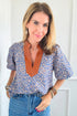 Leopard Print Contrast Ruffle Trim Puff Sleeve Blouse