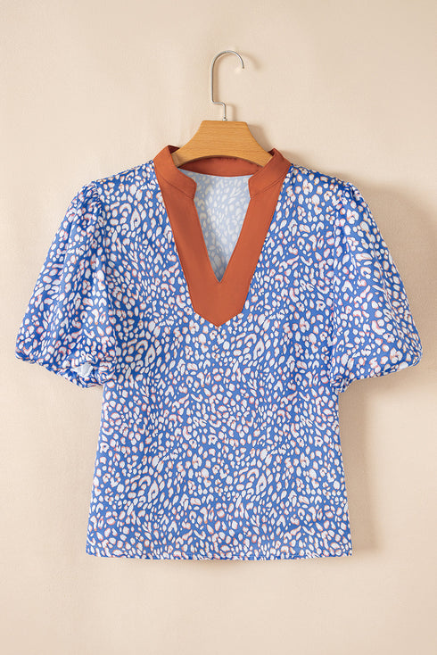 Leopard Print Contrast Ruffle Trim Puff Sleeve Blouse