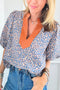 Leopard Print Contrast Ruffle Trim Puff Sleeve Blouse