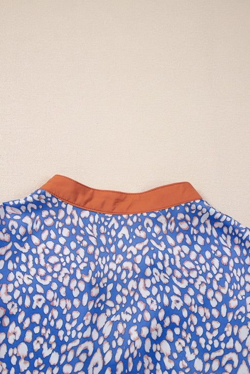 Leopard Print Contrast Ruffle Trim Puff Sleeve Blouse