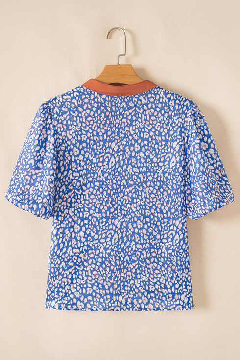 Leopard Print Contrast Ruffle Trim Puff Sleeve Blouse