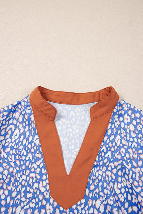 Leopard Print Contrast Ruffle Trim Puff Sleeve Blouse