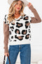 Leopard Print Contrast Sleeve V Neck Knit Sweater