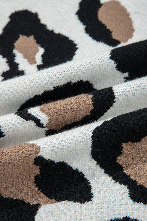 Leopard Print Contrast Sleeve V Neck Knit Sweater