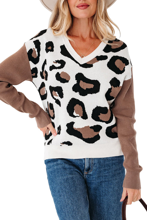 Leopard Print Contrast Sleeve V Neck Knit Sweater