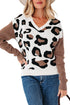 Leopard Print Contrast Sleeve V Neck Knit Sweater