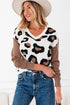 Leopard Print Contrast Sleeve V Neck Knit Sweater