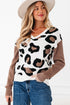 Leopard Print Contrast Sleeve V Neck Knit Sweater