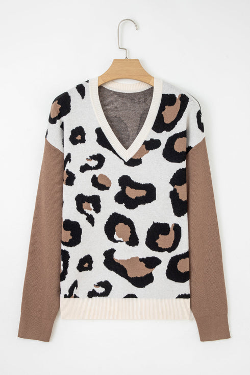 Leopard Print Contrast Sleeve V Neck Knit Sweater