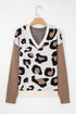 Leopard Print Contrast Sleeve V Neck Knit Sweater