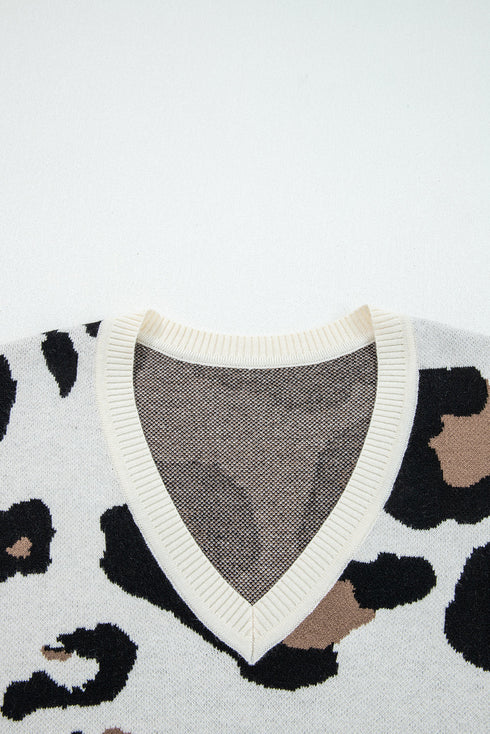 Leopard Print Contrast Sleeve V Neck Knit Sweater