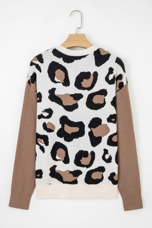 Leopard Print Contrast Sleeve V Neck Knit Sweater