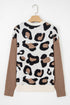 Leopard Print Contrast Sleeve V Neck Knit Sweater