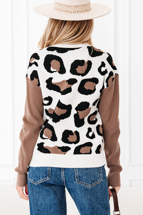 Leopard Print Contrast Sleeve V Neck Knit Sweater