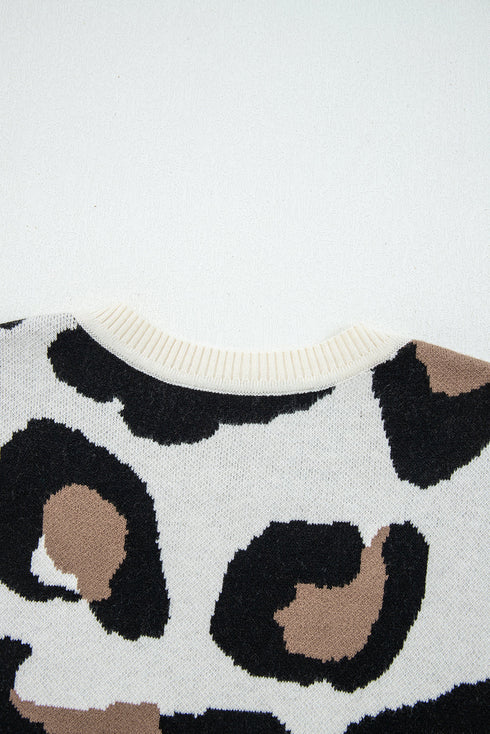 Leopard Print Contrast Sleeve V Neck Knit Sweater