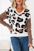 Leopard Print Contrast Sleeve V Neck Knit Sweater