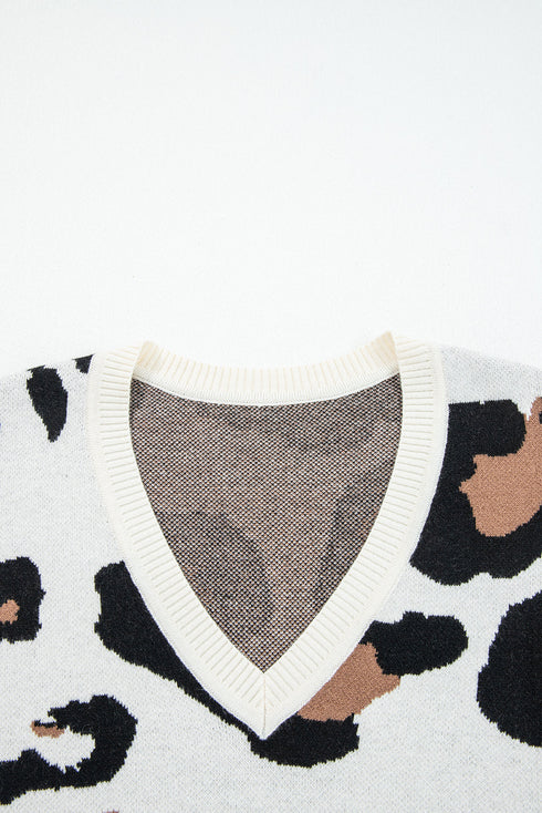 Leopard Print Contrast Sleeve V Neck Knit Sweater